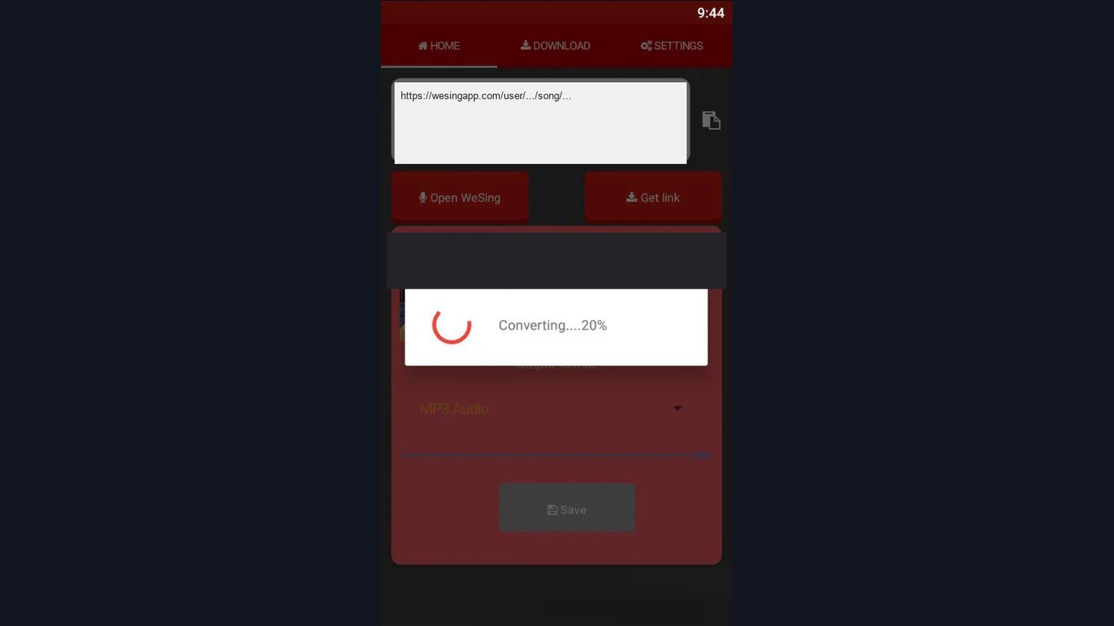 WeSing downloader converting a share link to MP3