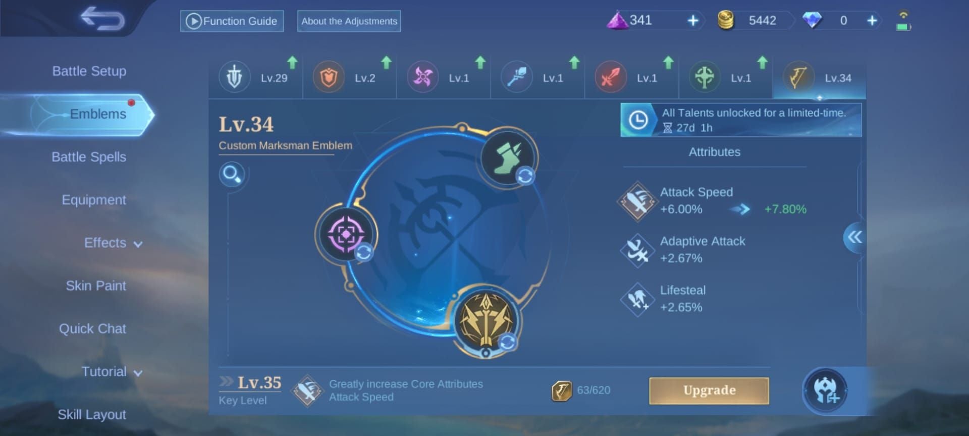 Экран конфигурации эмблемы поддержки Mobile Legends Bang Bang, показывающий выбранные таланты Ловкость, Соберись и Метка фокуса
