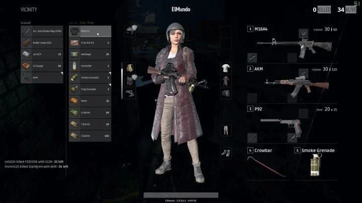 Инвентарь PUBG Mobile, показывающий лечебные предметы, включая аптечки, бинты и энергетические бустеры