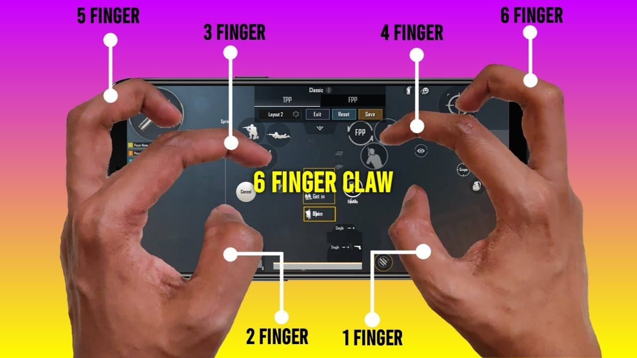 Руководство по раскладке HUD "клешня" на 6 пальцев в PUBG Mobile с расположением пальцев для прыжка, приседания, стрельбы, ADS
