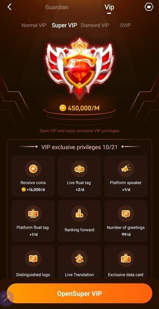 Интерфейс эксклюзивного значка Poppo Live SVIP