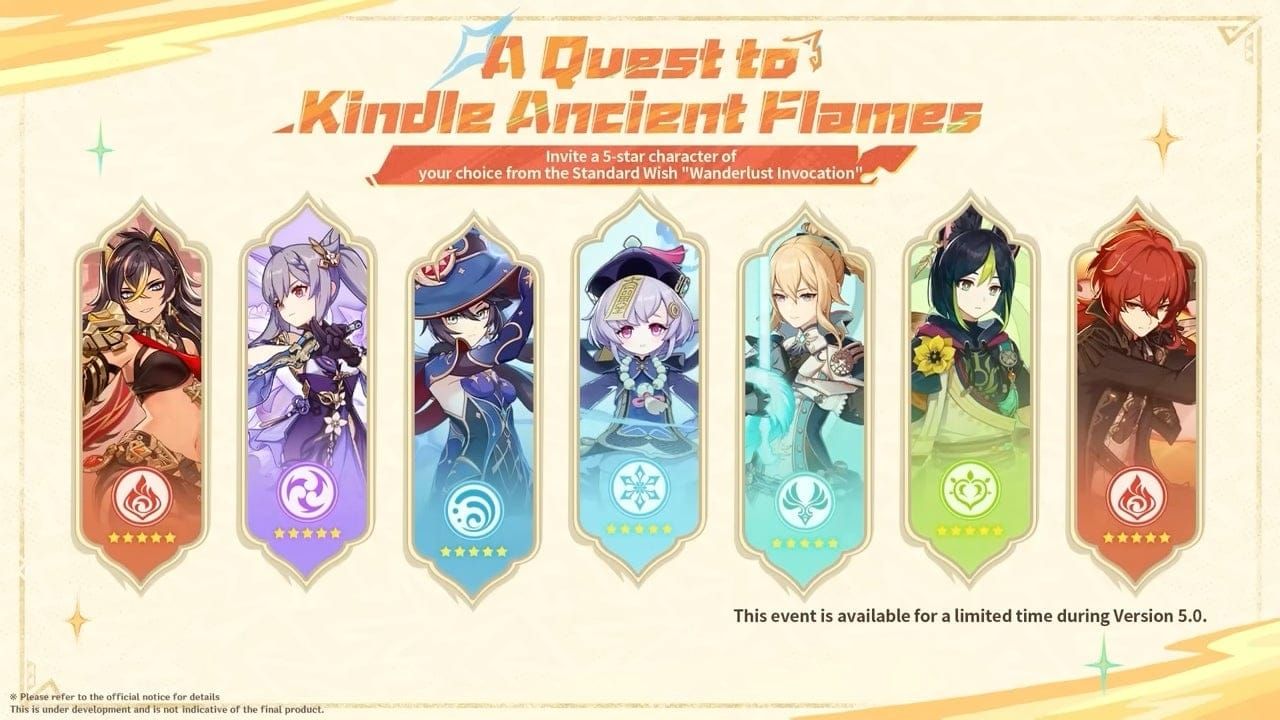 Genshin Impact 5th Anniversary event interface showing character selection screen
