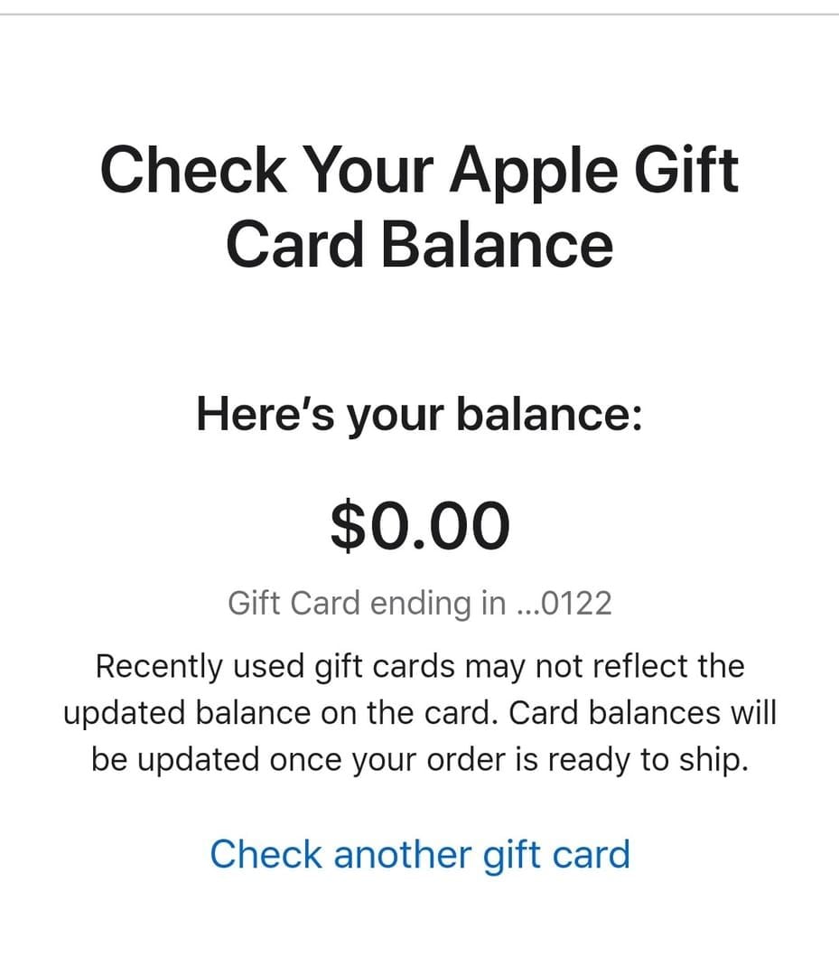 Screenshot of Apple Gift Card game balance check screen