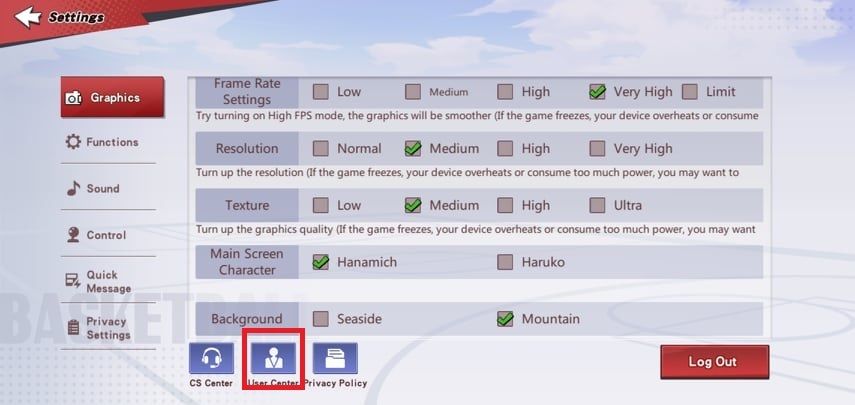 Slam Dunk Mobile in-game settings screen showing User Center and DeNA ID