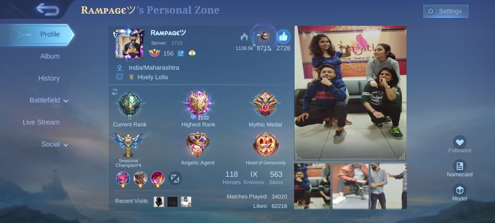Экран профиля Mobile Legends, выделяющий местоположение User ID и Zone ID для покупки алмазов