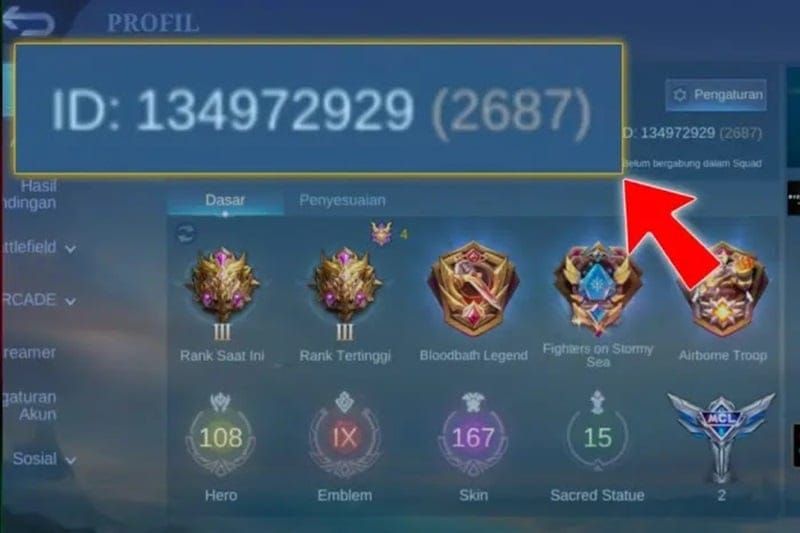 Mobile Legends profile screen highlighting User ID and Zone ID location