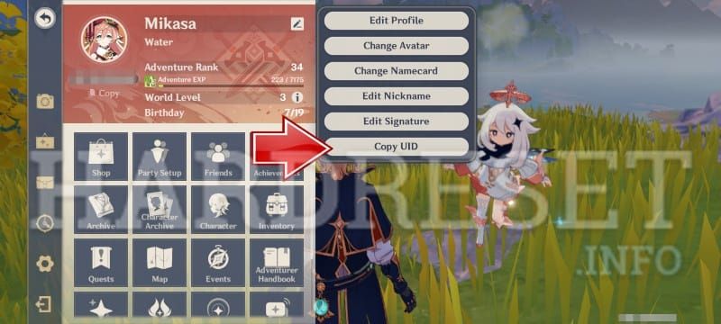 Genshin Impact Paimon Menu showing UID location at the bottom of the interface