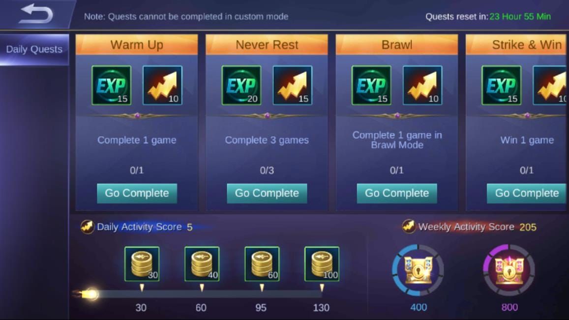 Скриншот интерфейса ежедневных миссий и заработка опыта M7 Pass в Mobile Legends Bang Bang