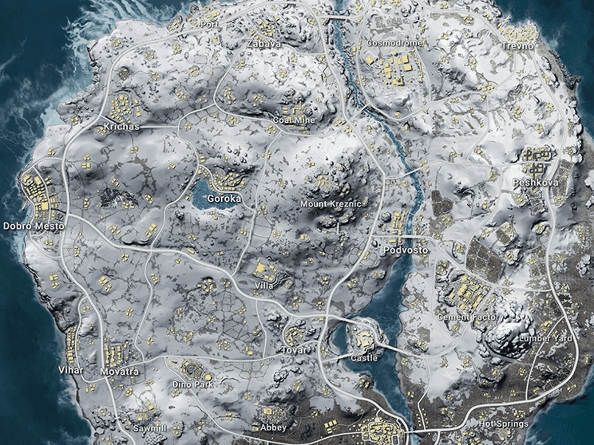 Карта PUBG Mobile с местами появления Снегохода на Эрангеле, Викенди, Ливике