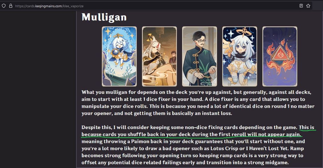 Genshin Impact TCG Furina Freeze deck mulligan hand comparison