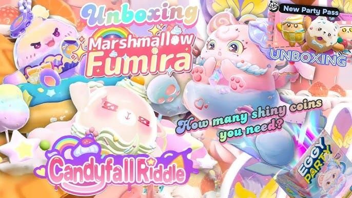 Костюмы высшего уровня сезона Candyfall в Eggy Party, включая Зефирную Фумиру, Морскую Соль Пудинг Дуду и Лимонадную Поппу