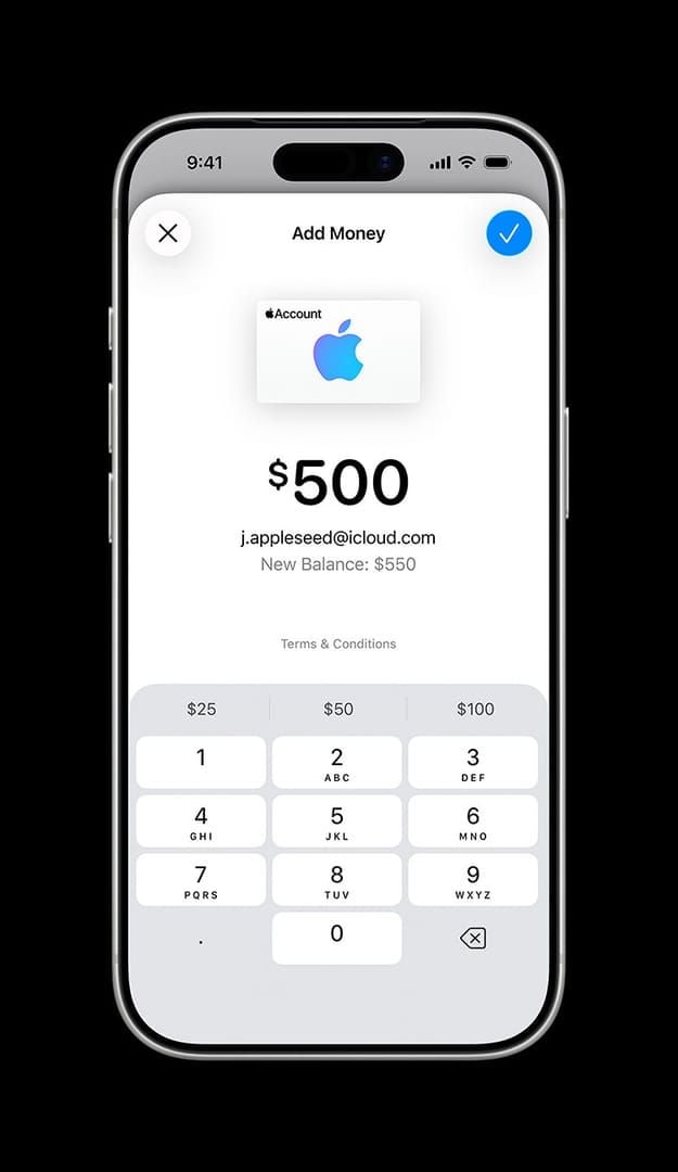 Скриншот настроек устройства Apple «Оплата и доставка» для просмотра погашенных подарочных карт Apple (США) и баланса