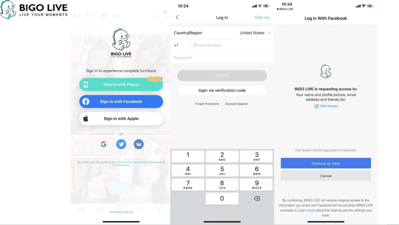 Bigo Live official web top-up portal login interface showing secure HTTPS connection