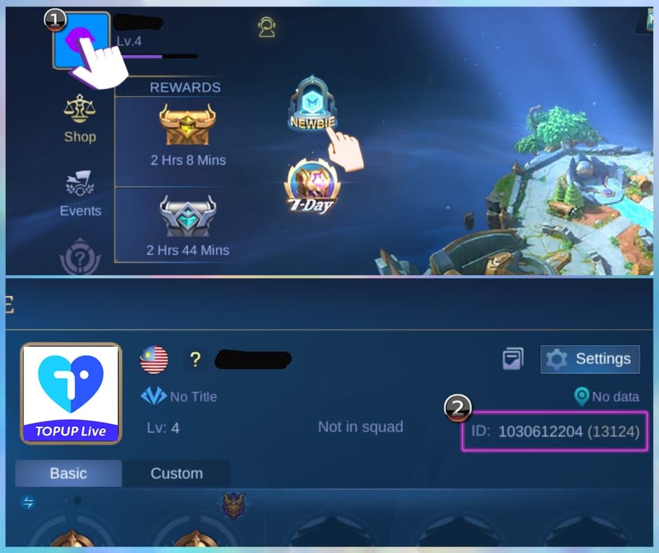 Mobile Legends Bang Bang in-game interface showing User ID and Zone ID location