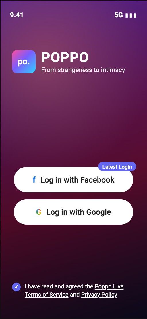 Экран регистрации в Poppo Live с входом через Google и Facebook