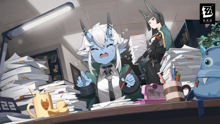 Скриншот из игры Zenless Zone Zero с изображением столов Шестого отдела H.A.N.D.S. с личными вещами.