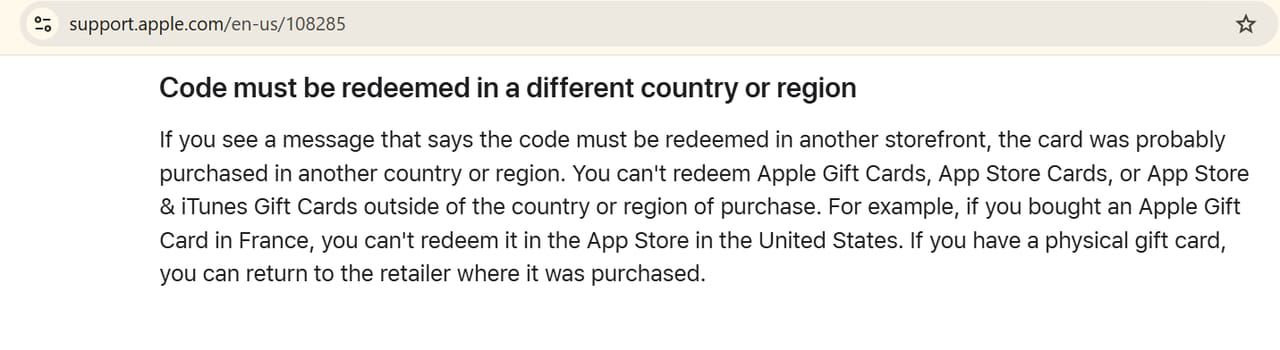Скриншот Apple App Store с ошибкой «код уже погашен» для iTunes Gift Card (TW)