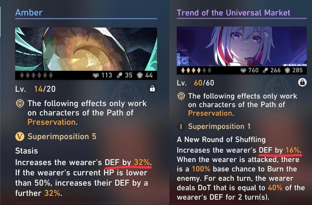 Honkai Star Rail comparison of Dance! Dance! Dance! vs Trend of the Universal Market Light Cones stats and effects