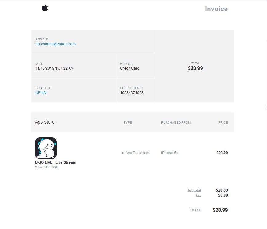 Examples of Bigo Live payment confirmations and transaction documentation needed for refunds