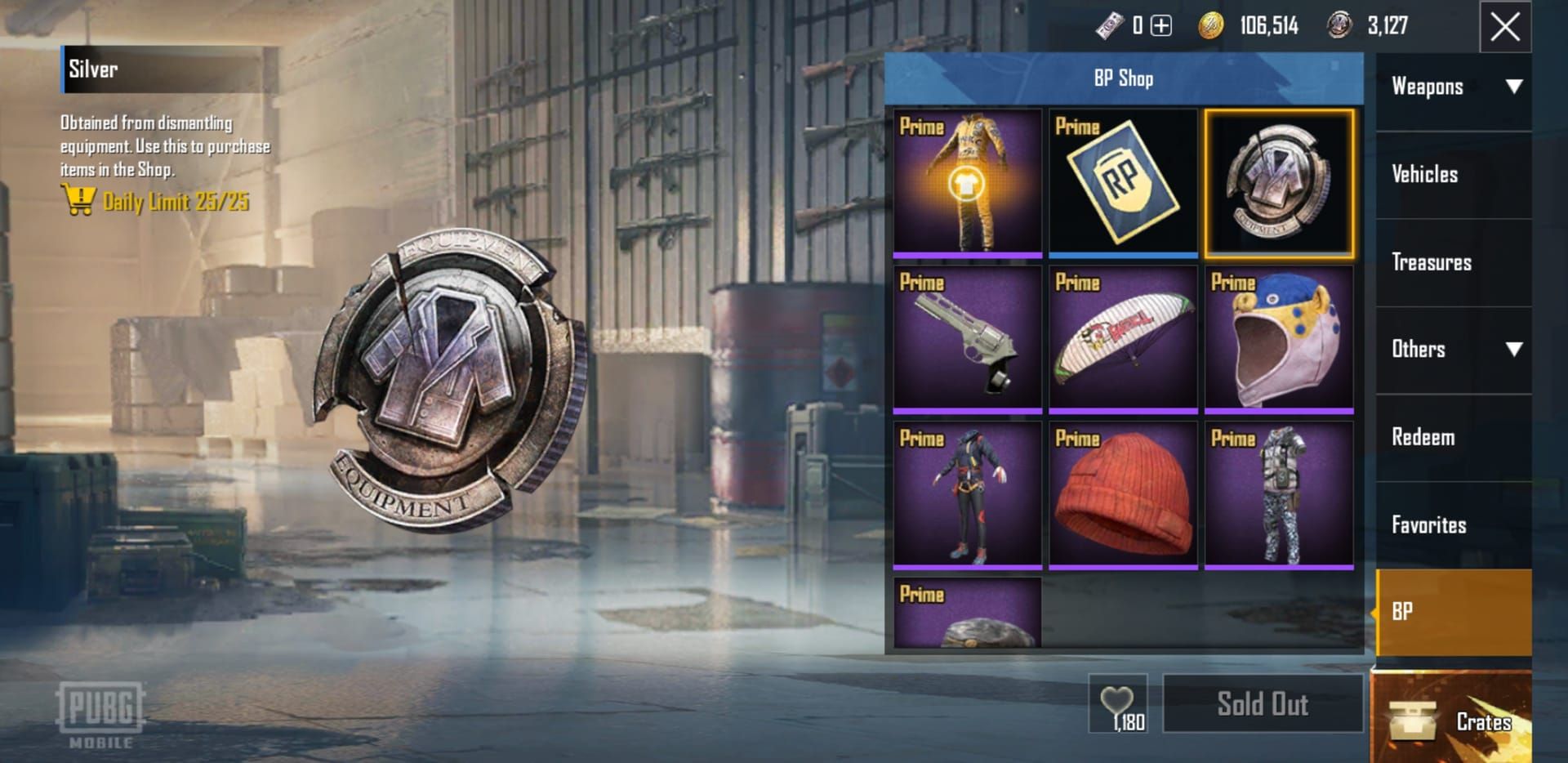 PUBG Mobile Silver Fragment shop displaying cosmetics and items