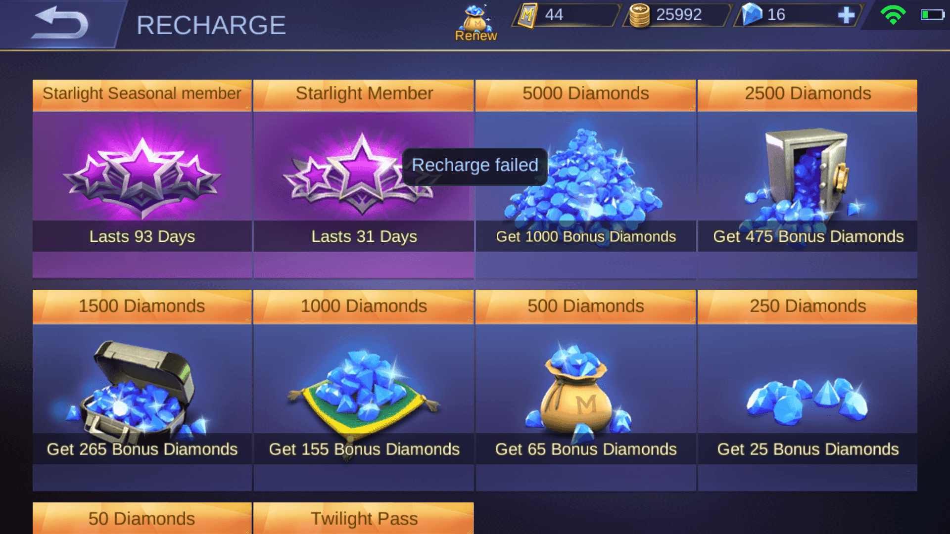 Mobile Legends in-game diamond top-up interface with package options