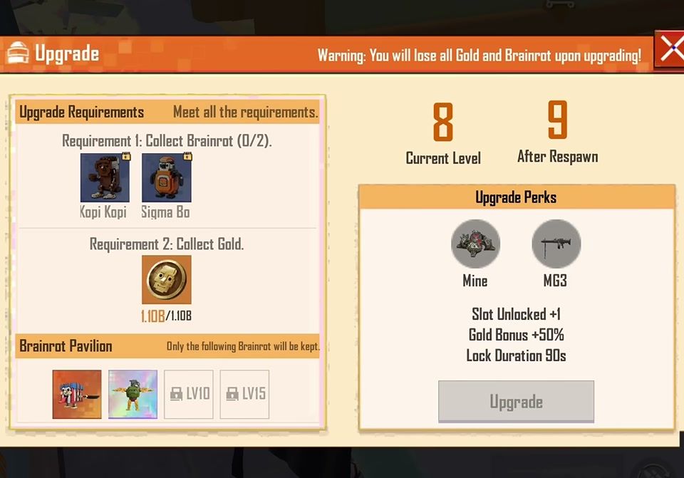 Brainrot Master respawn upgrade menu in PUBG Mobile Brainrot Royale