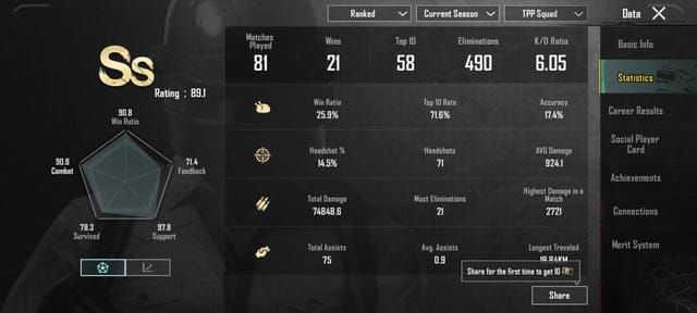 PUBG Mobile performance statistics and metrics tracking interface