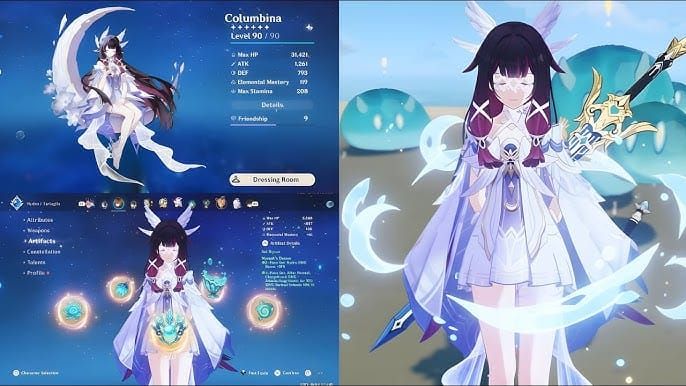 Genshin Impact screenshot of Aubade 4pc vs Emblem clear times on Columbina at 25 CRIT