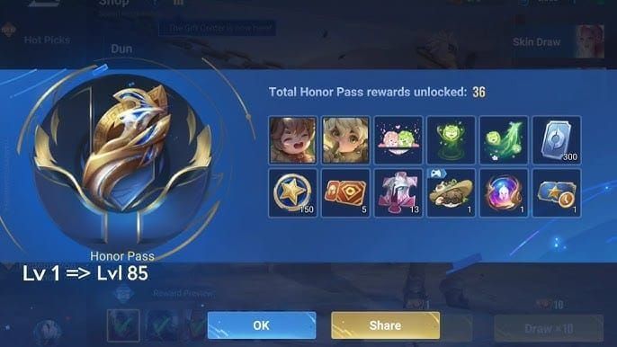 Интерфейс Elite Honor Pass в Honor of Kings с наградами и уровнями