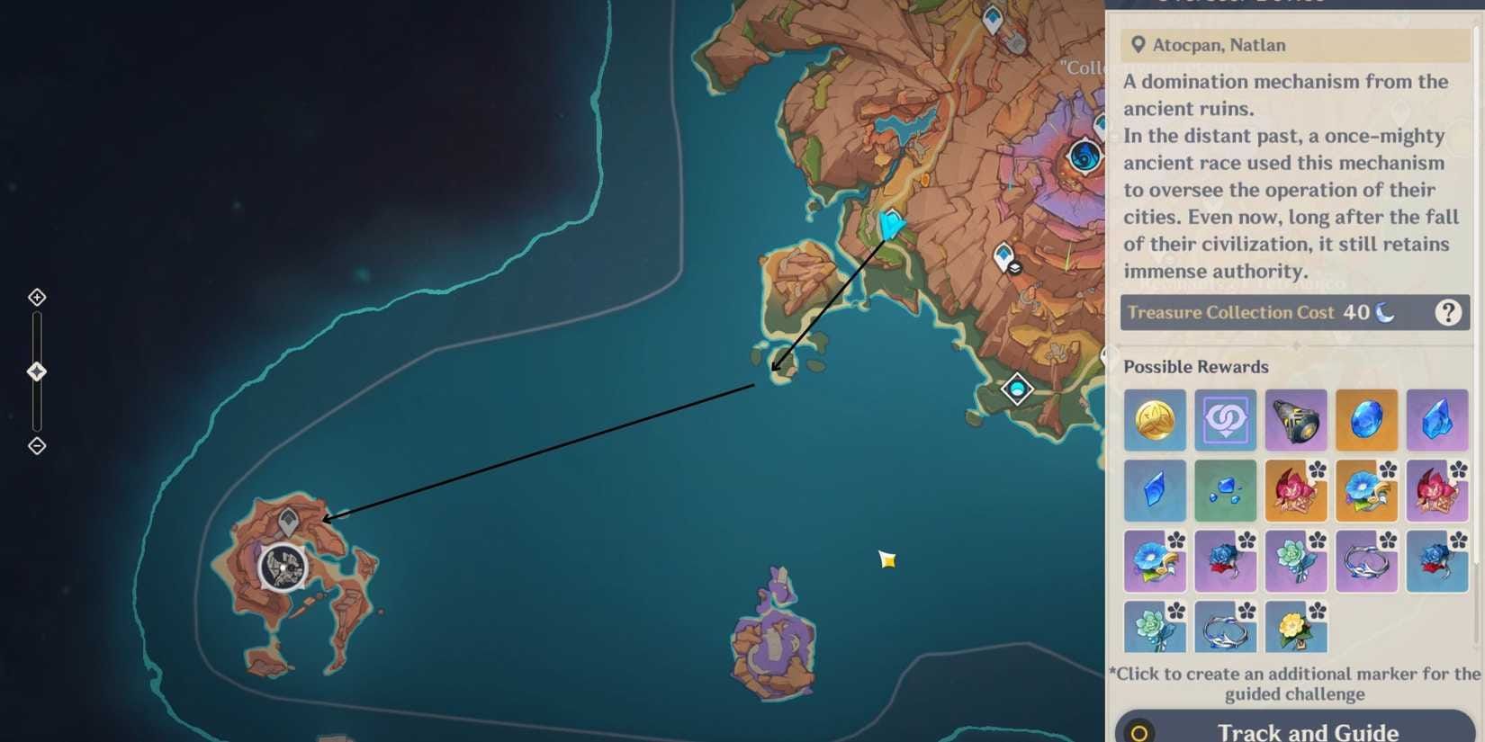 Genshin Impact map showing Secret Source Automaton Overseer Device location near Atocpan in Натлан