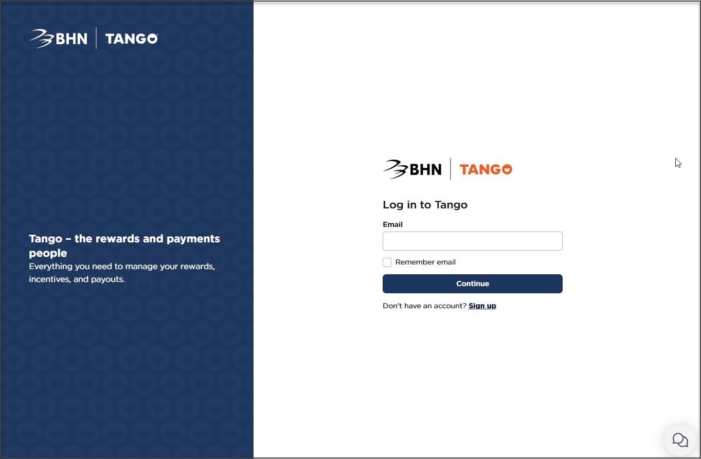 Экран входа на официальный веб-портал Tango