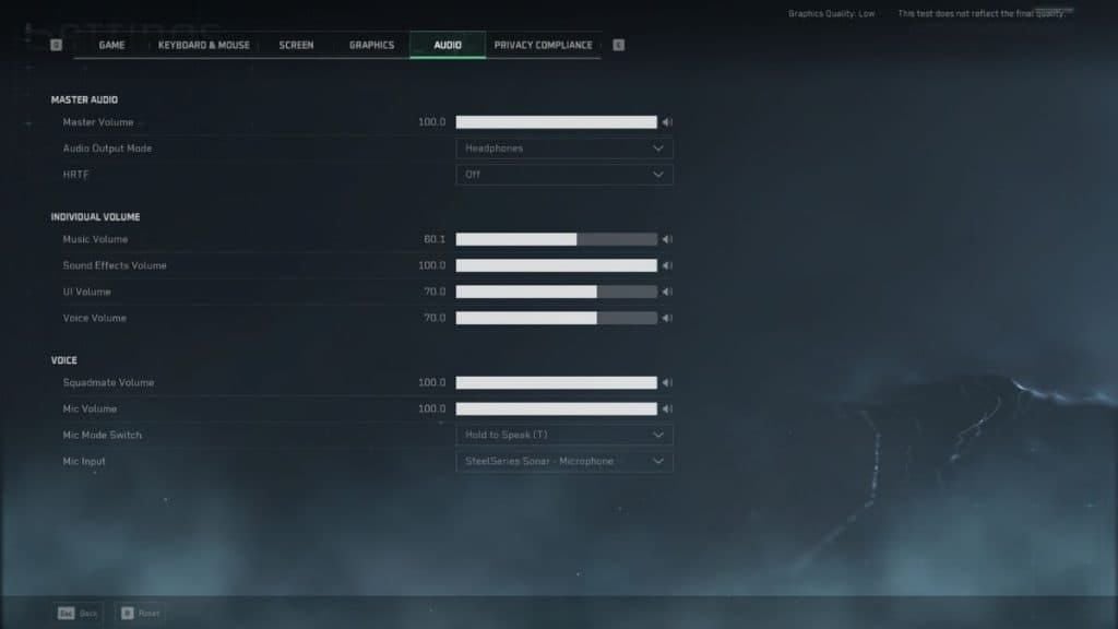 Delta Force in-game audio settings menu with HRTF enabled and optimal volumes
