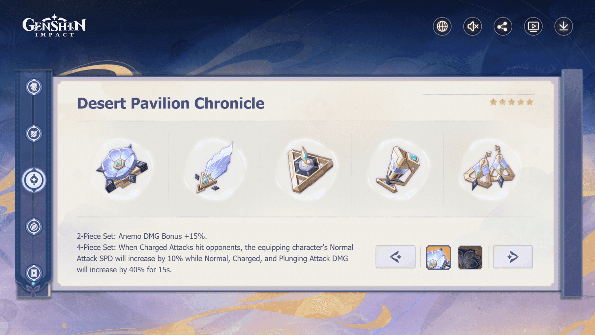Desert Pavilion Chronicle artifact set in Genshin Impact