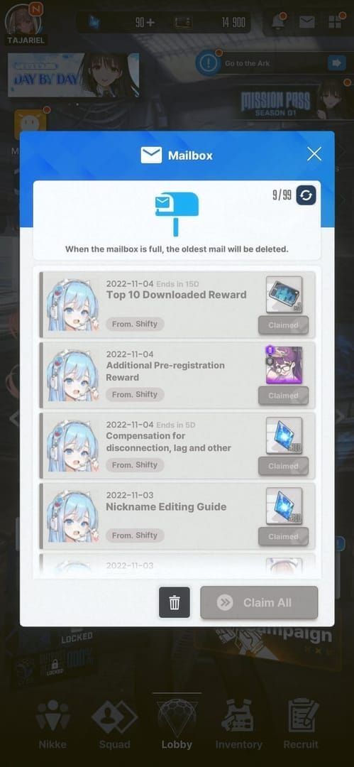 Goddess of Victory NIKKE Mailbox history screen displaying redeemed code rewards
