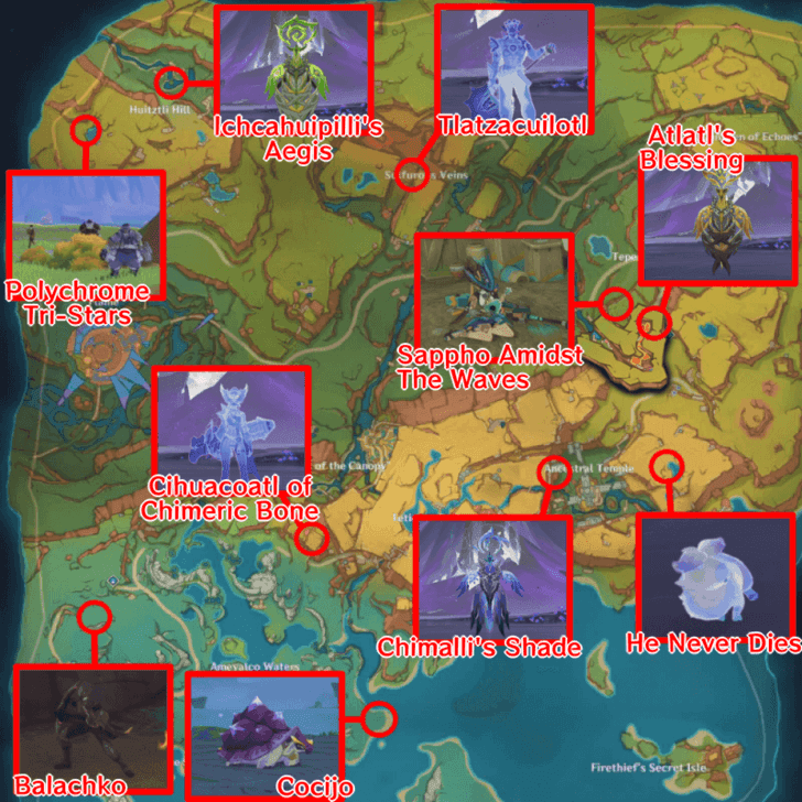 Genshin Impact Natlan map showing Knuckle Duckle and Radiant Moonfly boss locations with waypoint markers for efficient farming routes