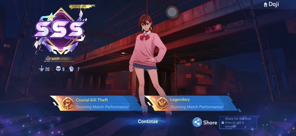 Экран результатов со статусом SSS MVP для Дадзи «Момо Аясэ» в Honor of Kings