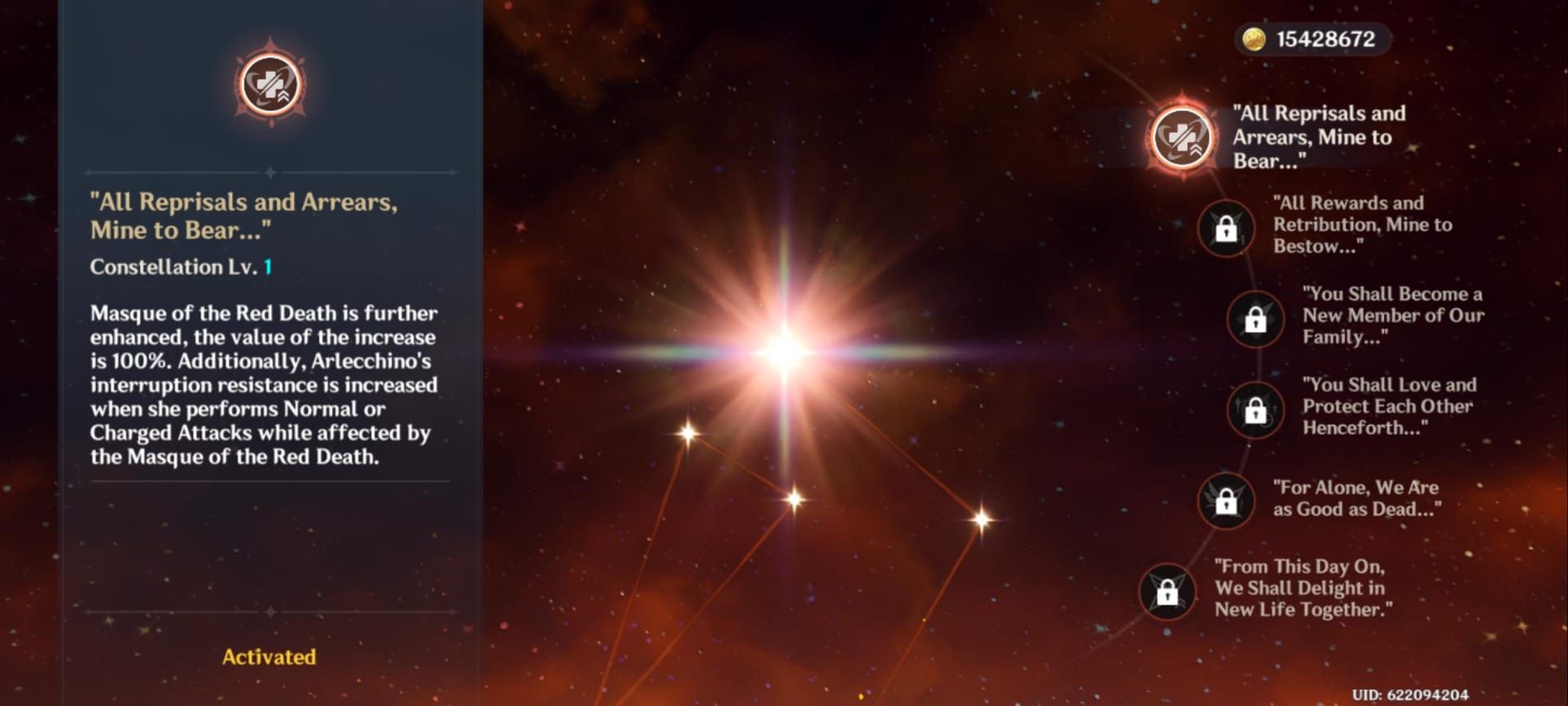 Arlecchino's first constellation (C1) details in Genshin Impact character menu