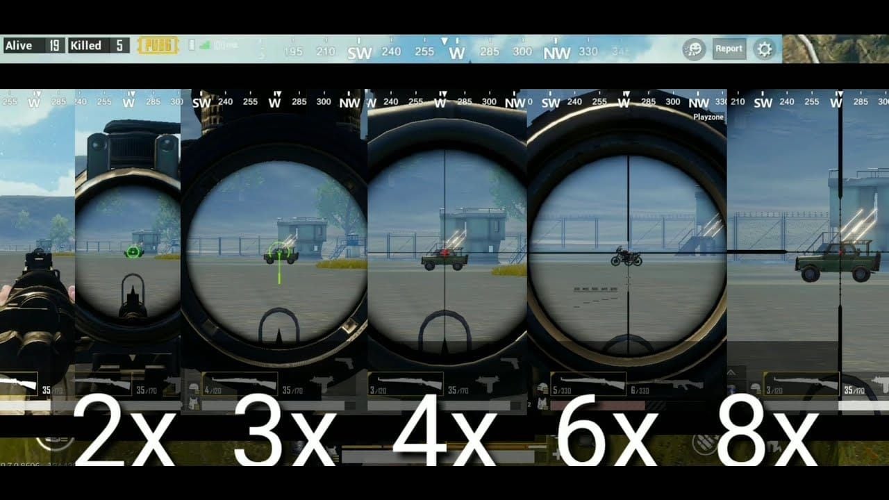 Comparison chart of PUBG Mobile weapon scopes showing Red Dot, 2x, 4x, and 8x scope options