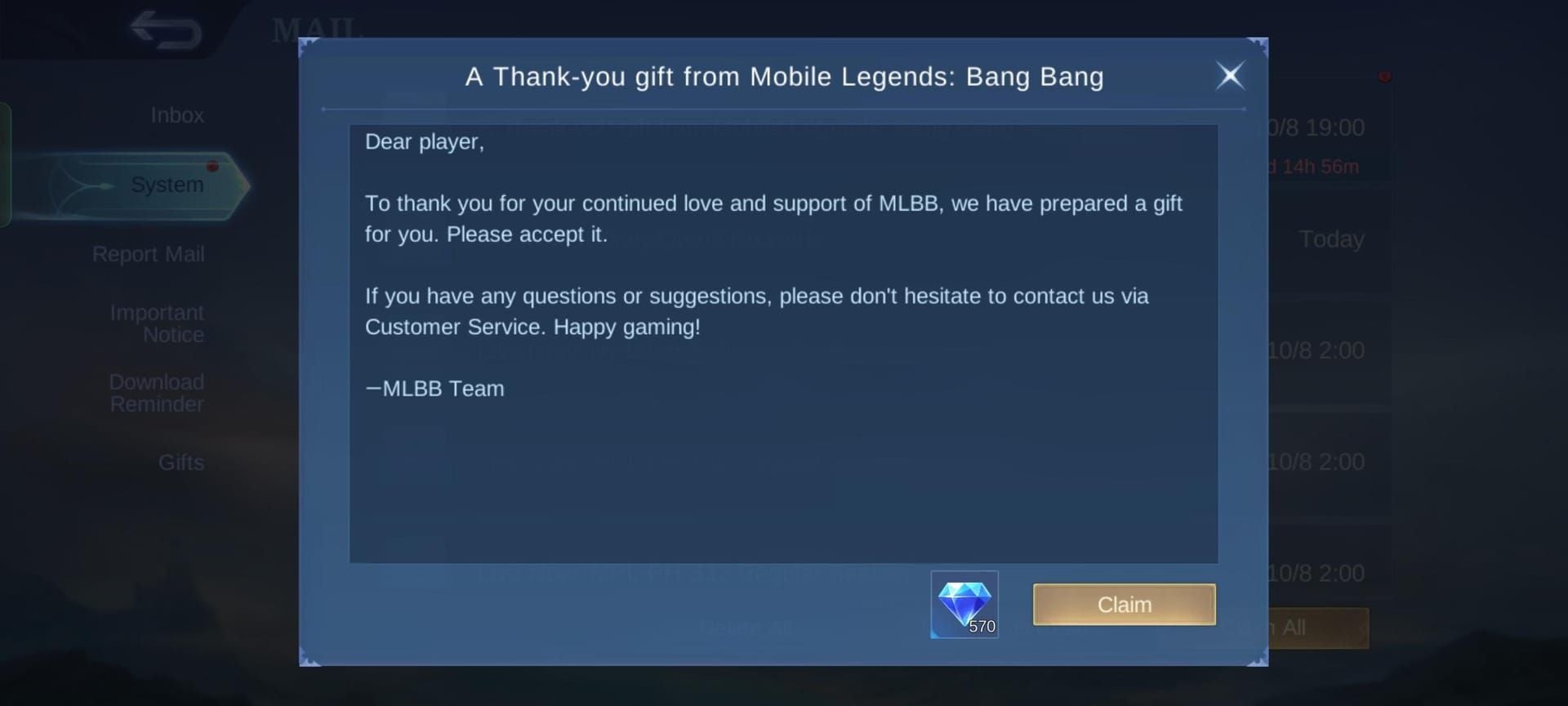 Safe MLBB in-game diamond rewards mail