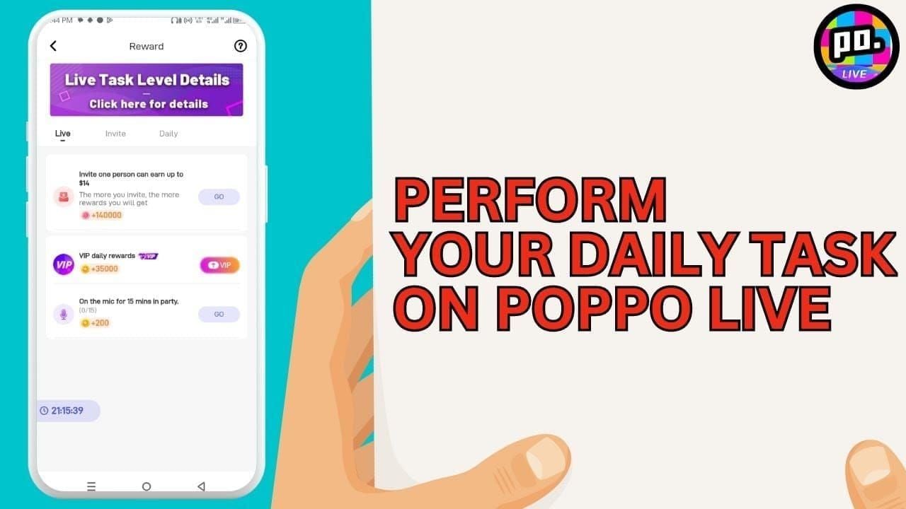Экран ежедневных и еженедельных заданий Poppo Live с наградами, такими как 20 тыс. баллов за Solo Live