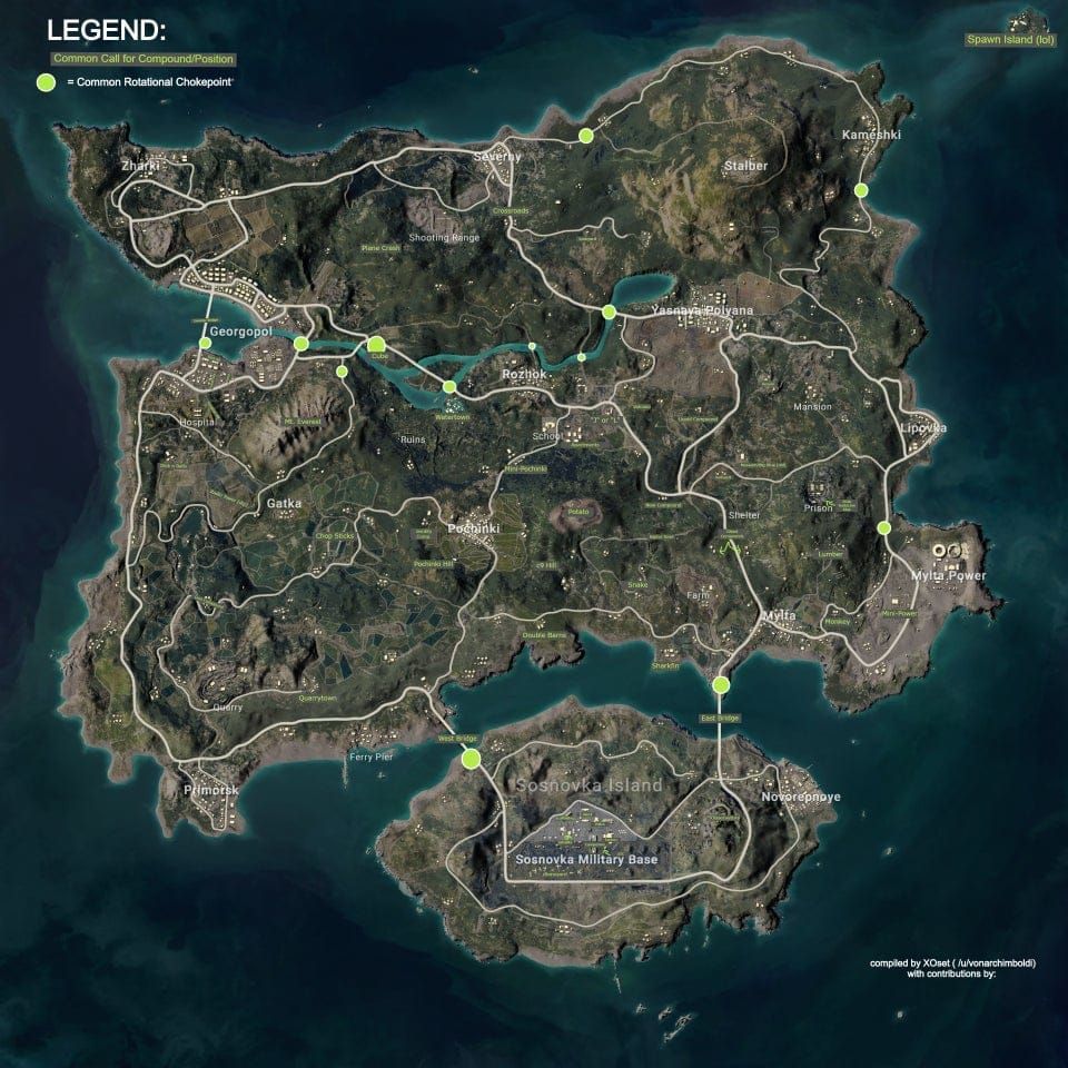 PUBG Mobile map showing optimal hot-drop locations for combat missions including School, Military Base, and other high-traffic areas