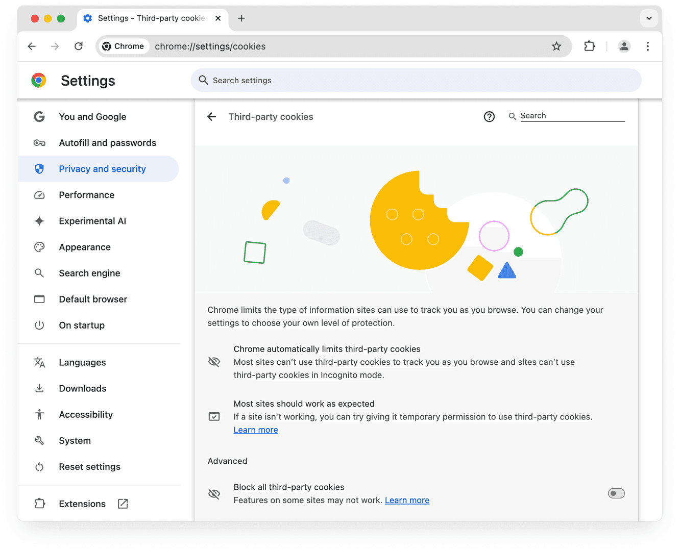 Страница настроек браузера Chrome, показывающая конфигурацию файлов cookie для платежей в разделе «Конфиденциальность и безопасность»