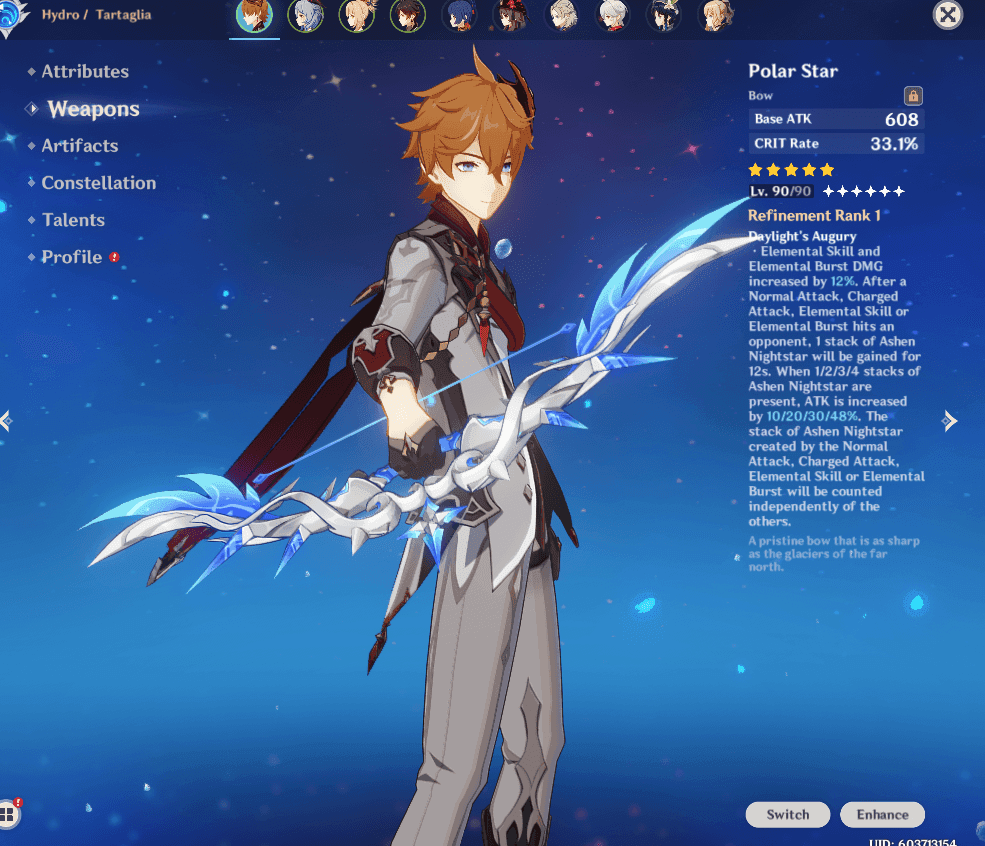 Childe using Polar Star bow in Genshin Impact