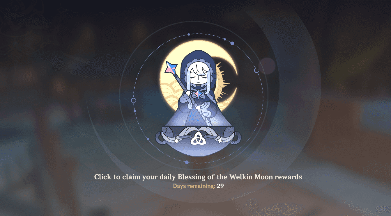 Genshin Impact Welkin Moon blessing purchase interface showing monthly subscription benefits