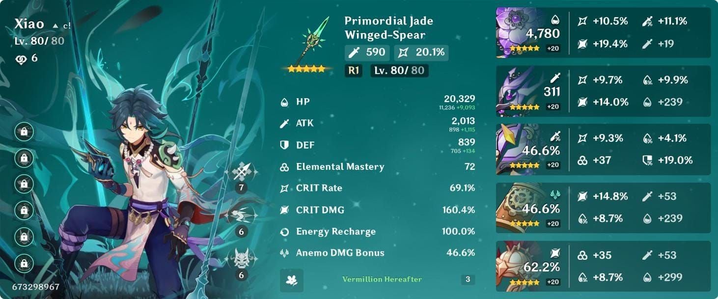 Xiao character build guide displaying recommended ATK, CRIT Rate, CRIT DMG, and Energy Recharge values
