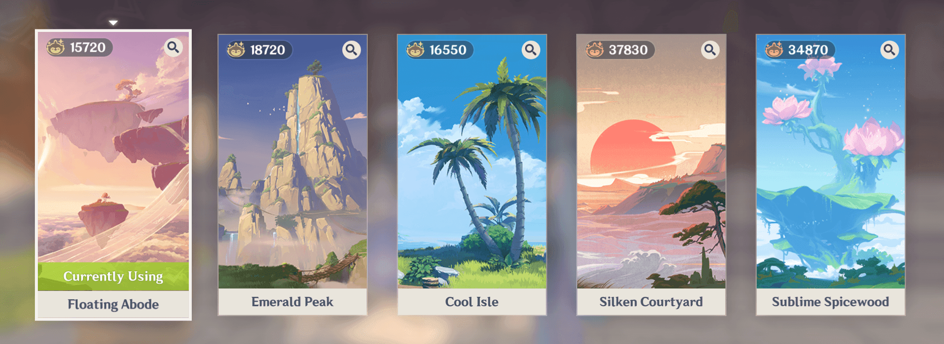 Comparison of different Serenitea Pot realm layouts showing Floating Abode, Emerald Peak, and Cool Isle