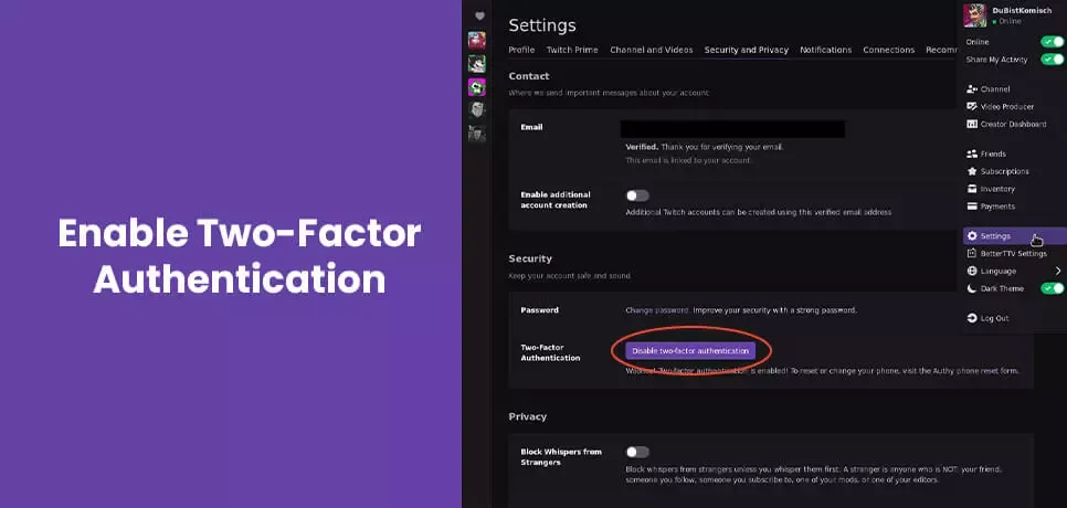 Twitch account two factor authentication settings page