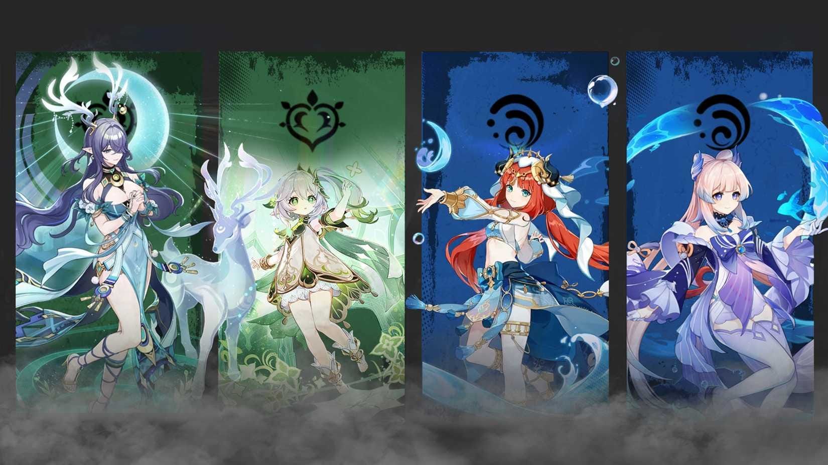 Four-character team composition featuring Nilou, Kokomi, Nahida, and Lauma