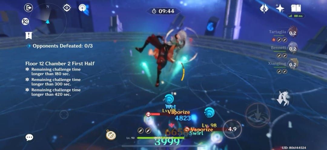 Genshin Impact interface displaying Radiant Moonfly boss debuff effects including damage reduction and crit rate penalties