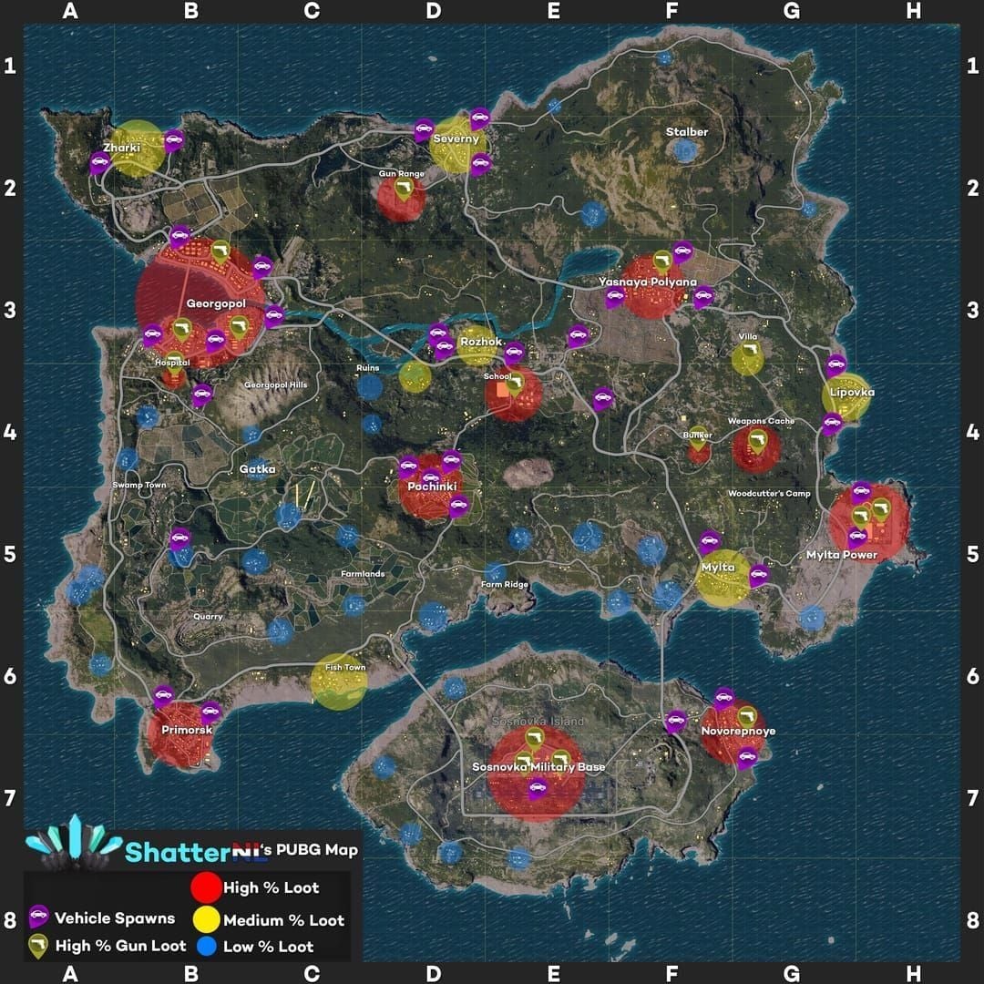 PUBG Mobile Erangel map showing vehicle spawn points and optimal rotation routes